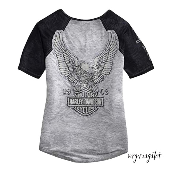 Harley Davidson Authentic Laced Front Gray Black Raglan Eagle Logo Graphic Tee - Picture 2 of 10